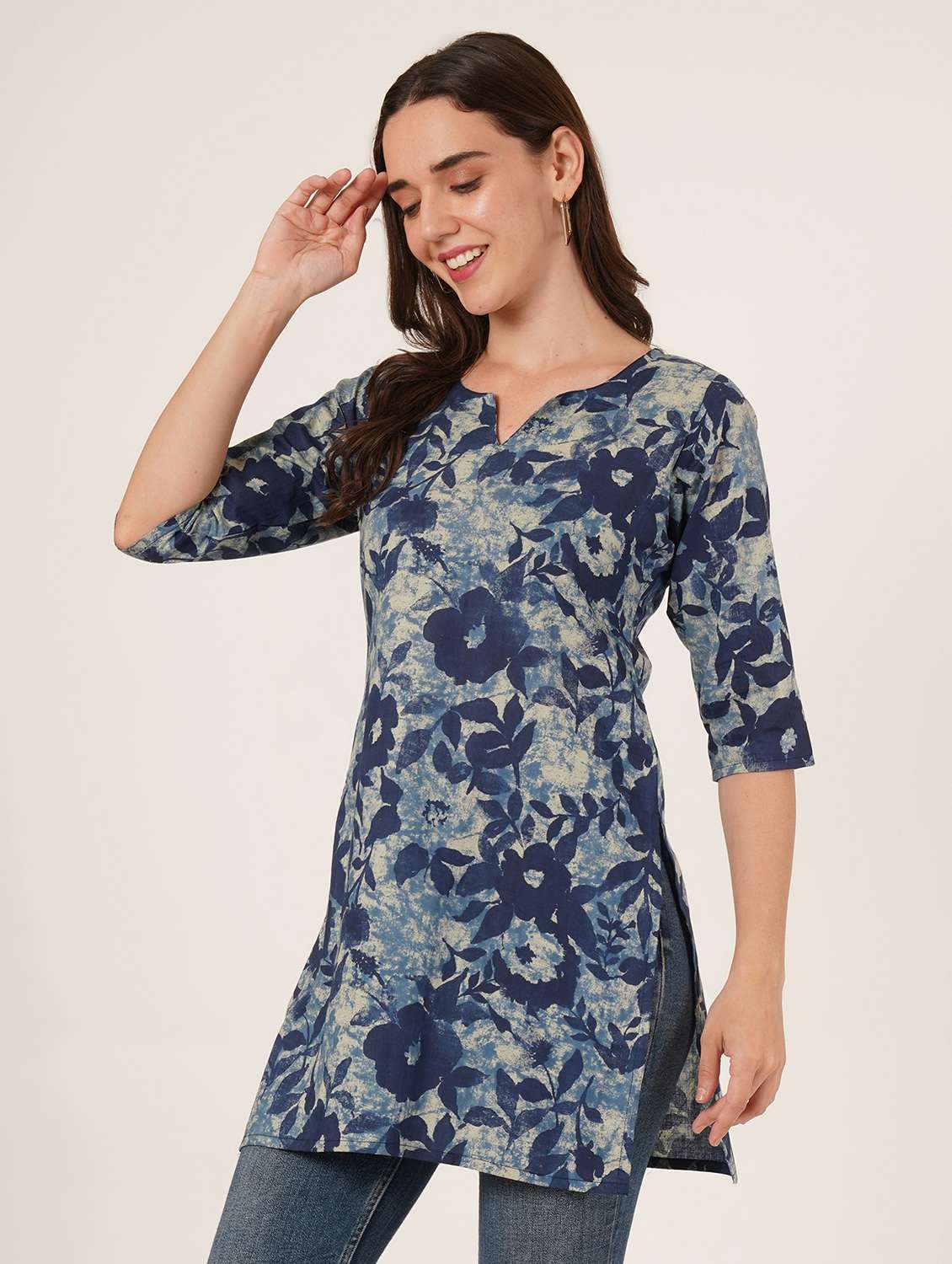 women floral printed three quarter sleeve straight kurti - 22072575 -  Standard Image - 2