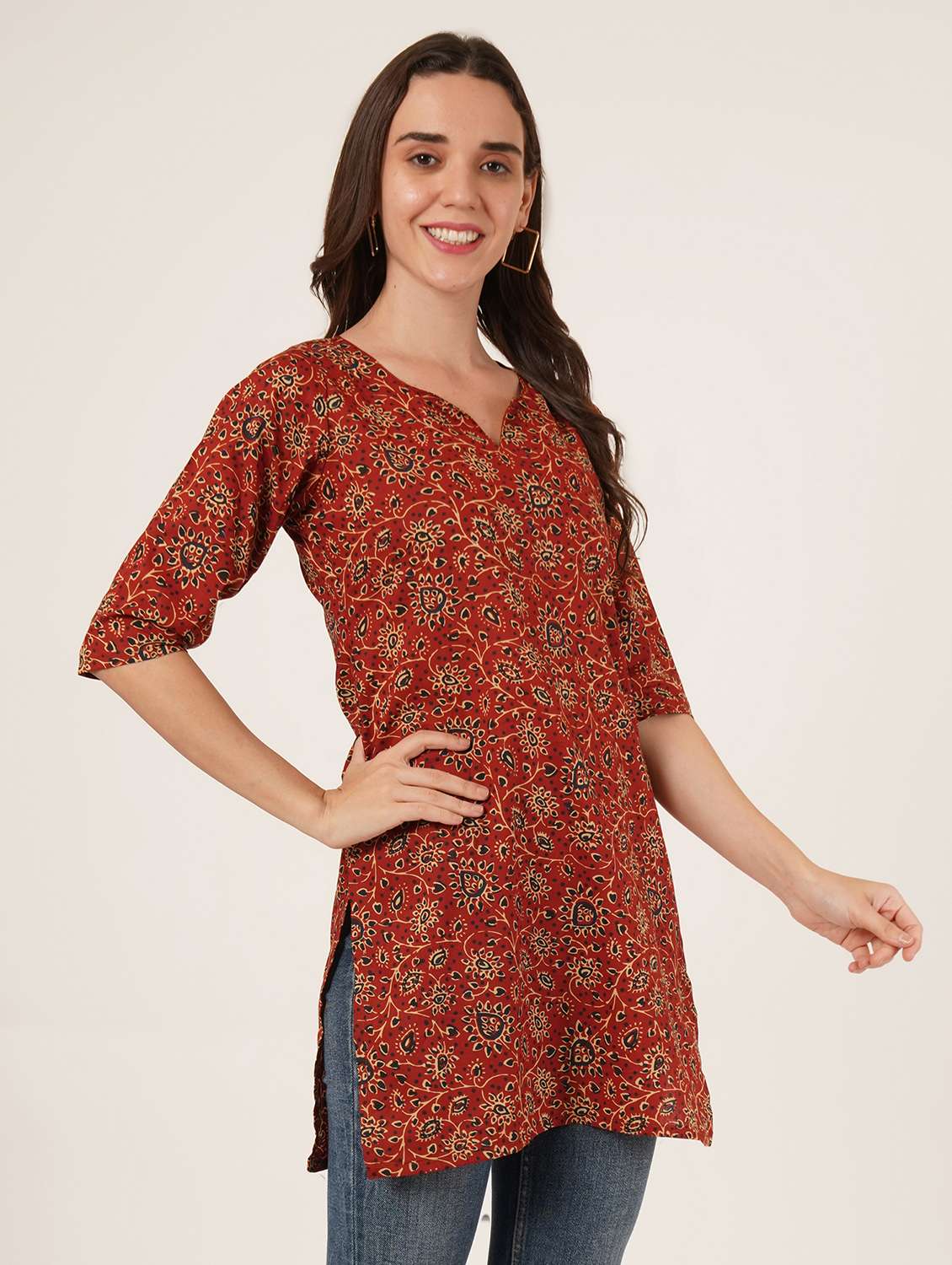 women printed three quarter sleeve straight kurti - 22072576 -  Standard Image - 2