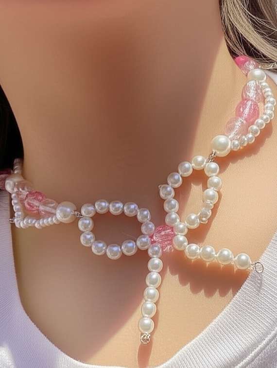 pearl bow choker necklace fashion jewellery - 22072601 -  Zoom Image - 0