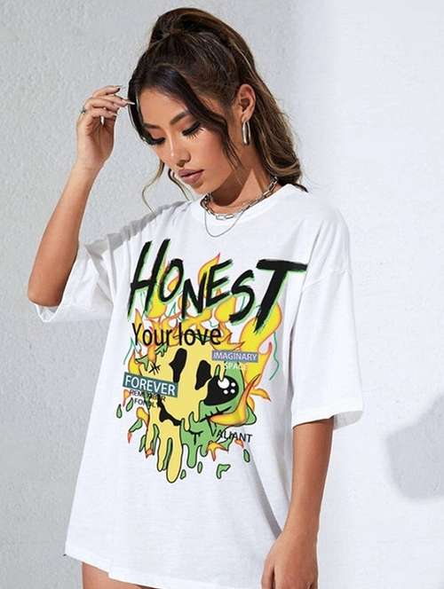 women front print round neck oversized t-shirt - 22072759 - Standard Image - 0