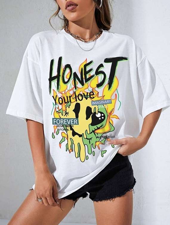women front print round neck oversized t-shirt - 22072759 - Standard Image - 2