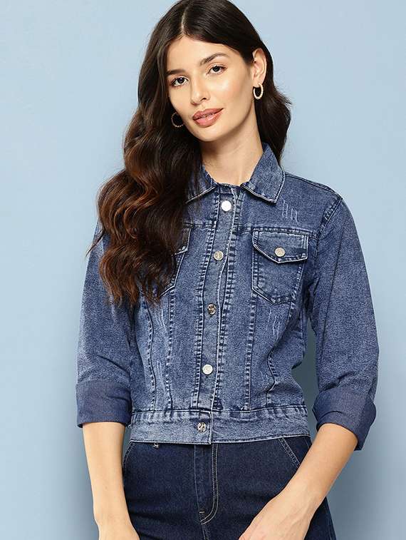 women solid long sleeve denim jacket