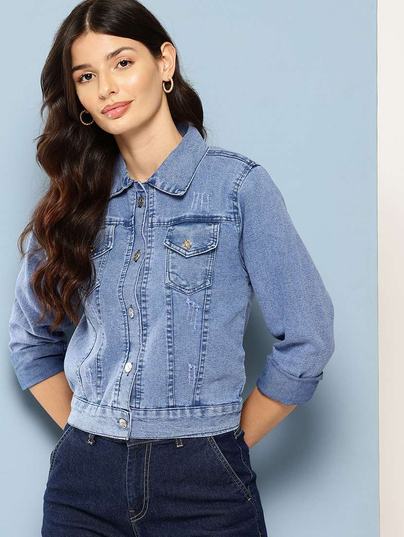 women solid long sleeve collared denim jacket