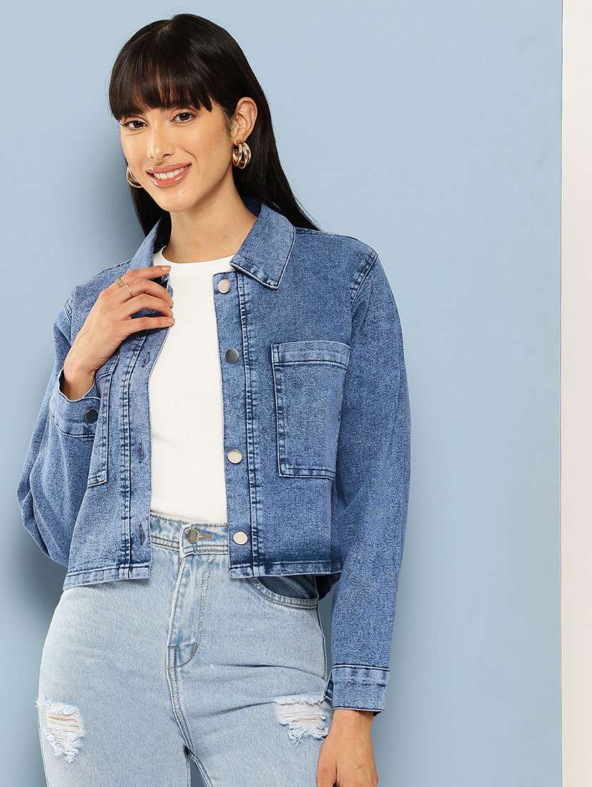 women long sleeve collared denim jacket