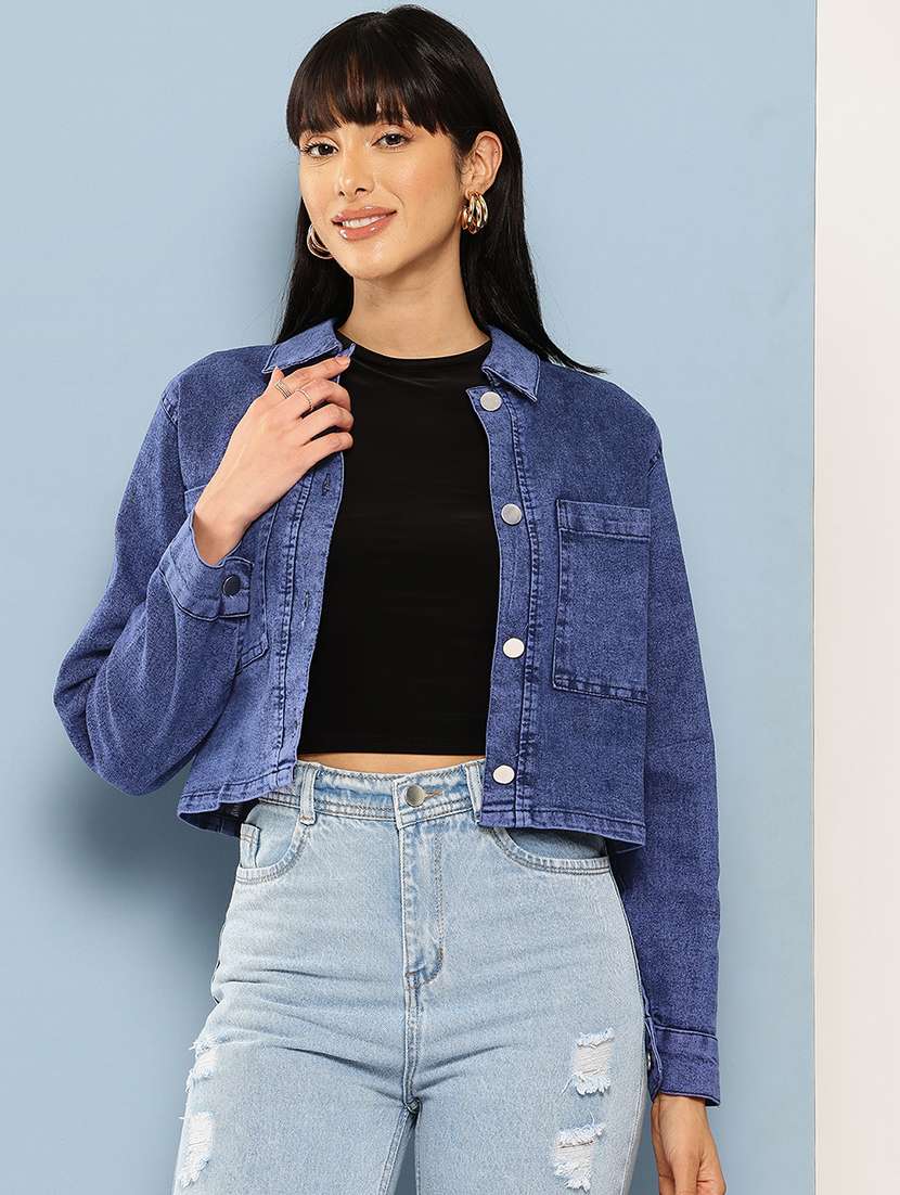 women long sleeve collared denim jacket