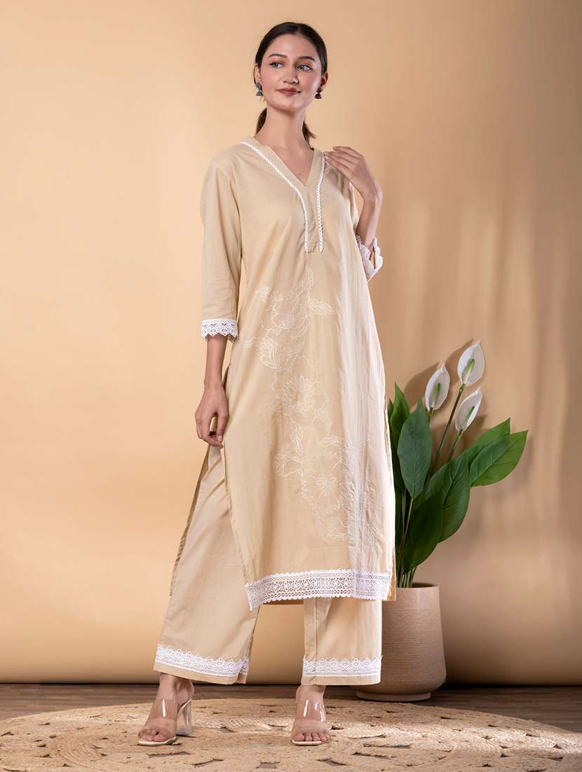 women solid with work three quarter sleeve kurta palazzo set - 22072856 -  Standard Image - 2