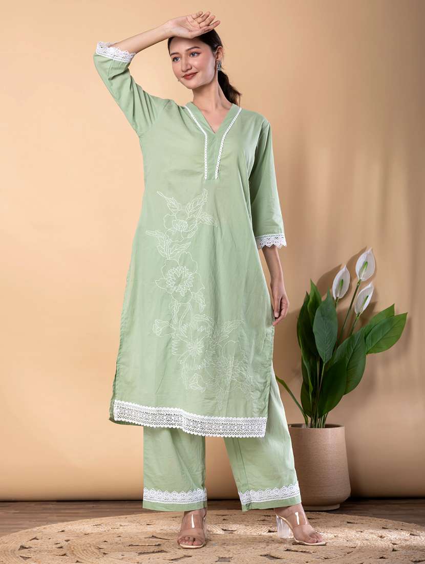women solid with work three quarter sleeve kurta palazzo set - 22072857 -  Standard Image - 2