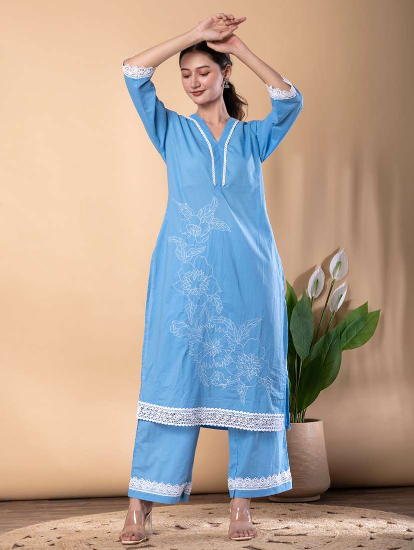 women solid with work three quarter sleeve kurta palazzo set - 22072859 -  Standard Image - 2