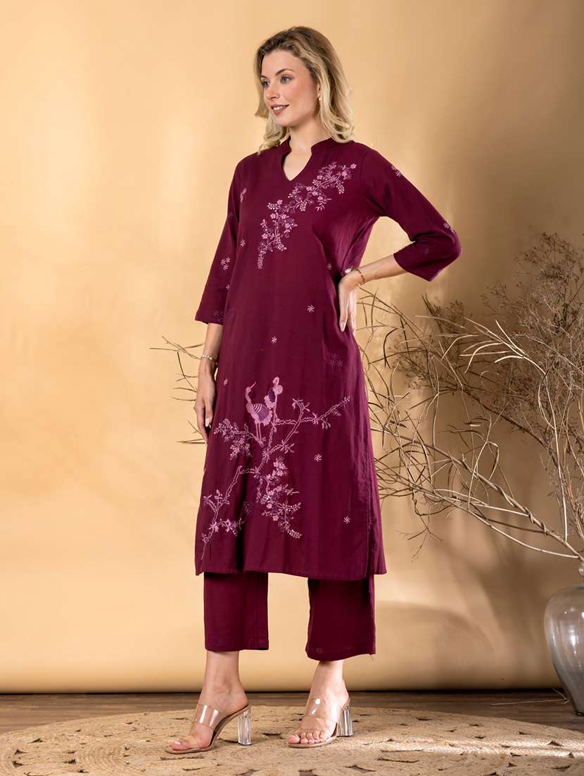 women solid with work three quarter sleeve kurta pant set - 22072876 -  Standard Image - 2