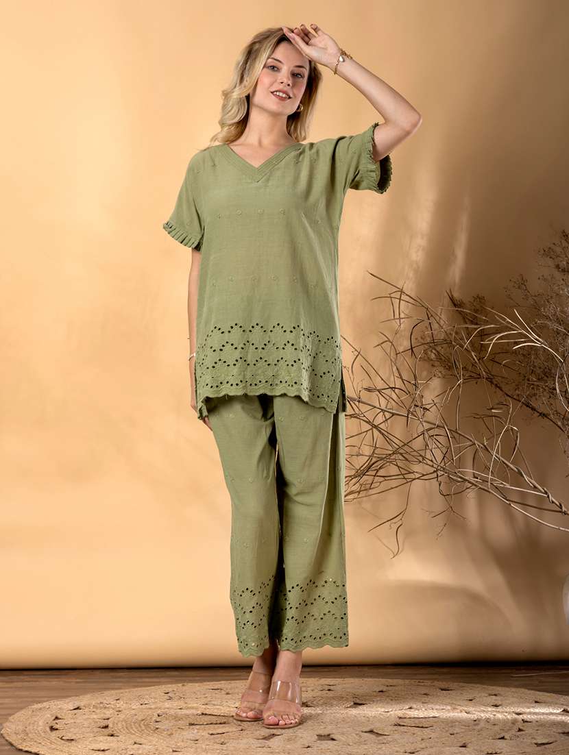 women short sleeve schiffli detailed ethnic co-ord set - 22072957 -  Standard Image - 2