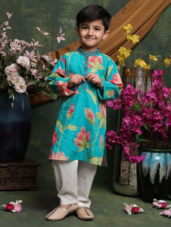 boys floral printed long sleeve kurta and pyjama set - 22072970 - Standard Image - 2