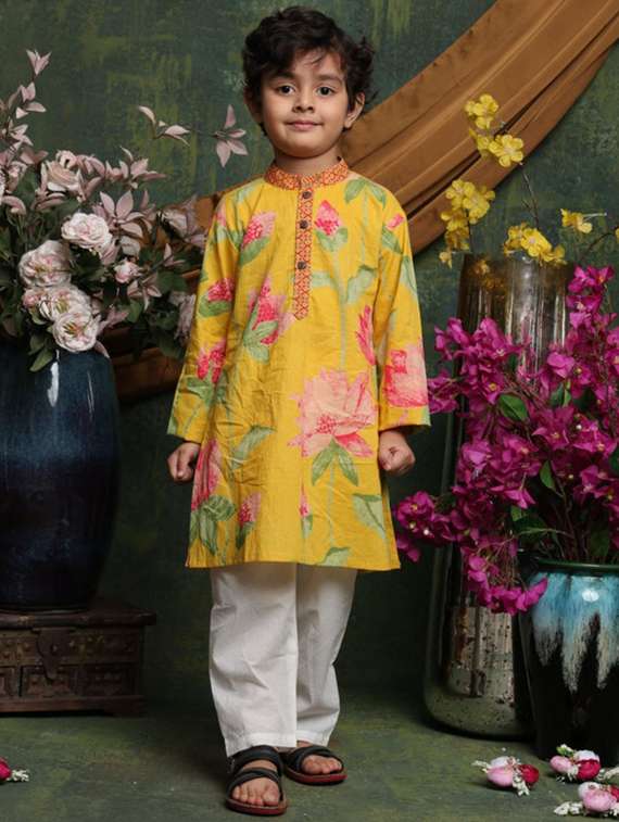 boys floral printed long sleeve kurta and pyjama set