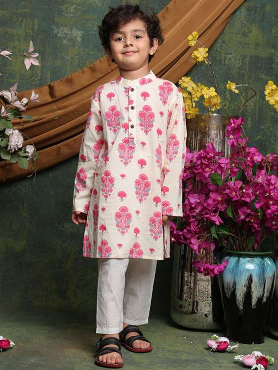 boys printed long sleeve kurta and pyjama set