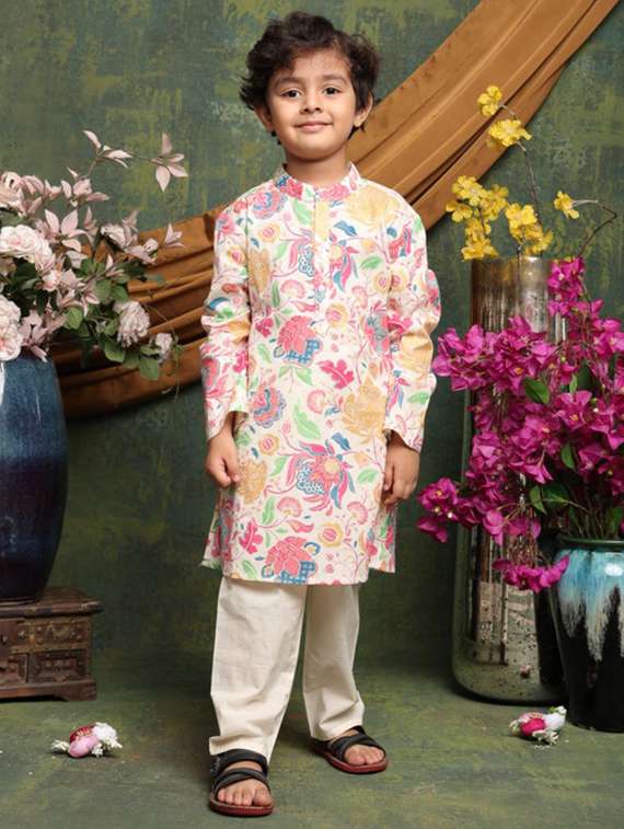 boys floral printed long sleeve kurta and pyjama set