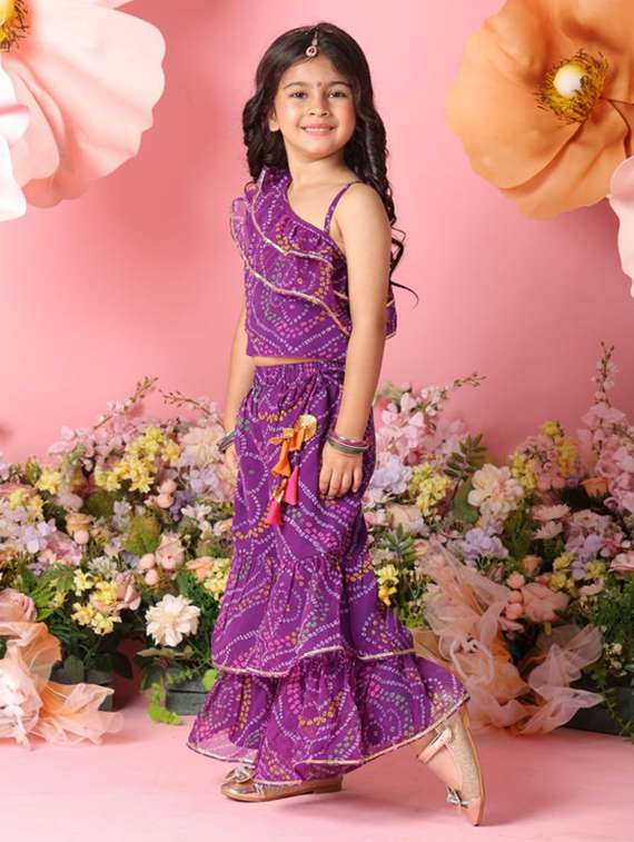 girls bandhani print sleeveless top and sharara pant set - 22072983 -  Standard Image - 2