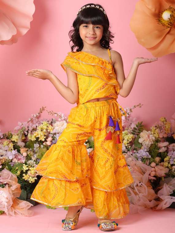 girls bandhani print sleeveless top and sharara pant set - 22072985 -  Standard Image - 2