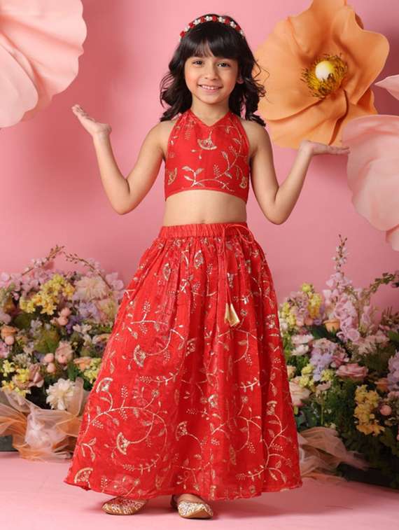 girls embroidered sleveeless lehenga choli set - 22072986 - Standard Image - 2
