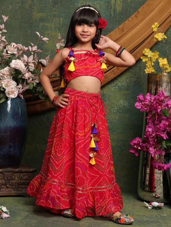 girls bandhani print sleveeless lehenga choli set - 22072991 - Standard Image - 2