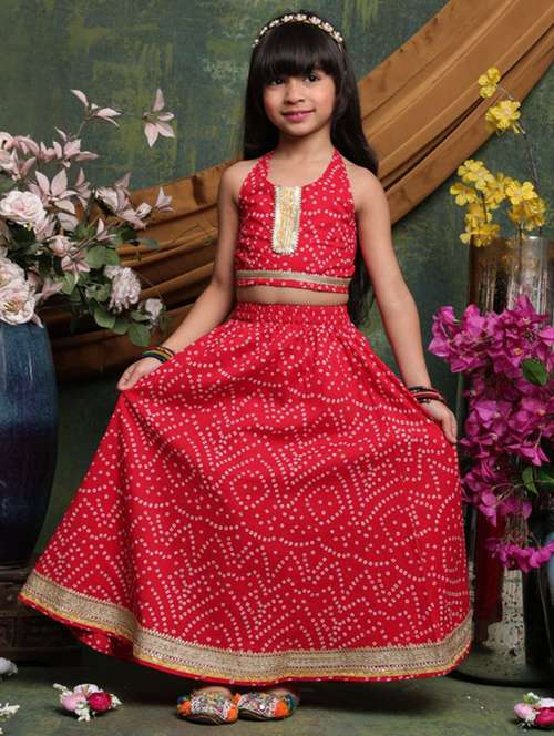 girls bandhnai print sleveeless lehenga choli set
