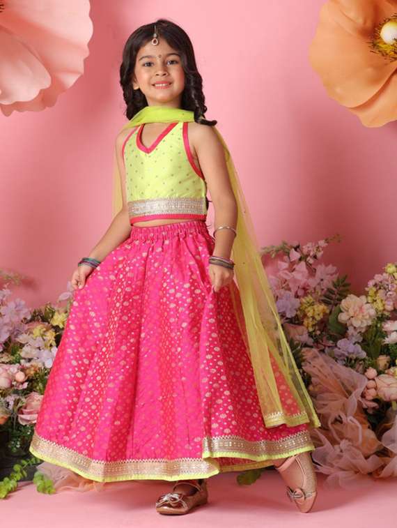 girls self designed sleveeless lehenga choli set - 22073004 - Standard Image - 2