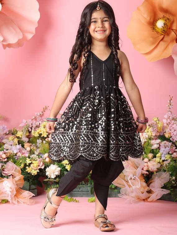 girls sequined sleeveless kurta and dhoti set - 22073005 -  Standard Image - 2