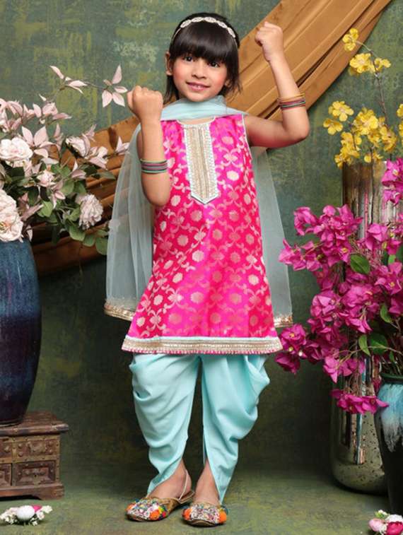 girls self designed sleeveless kurta and dhoti set 