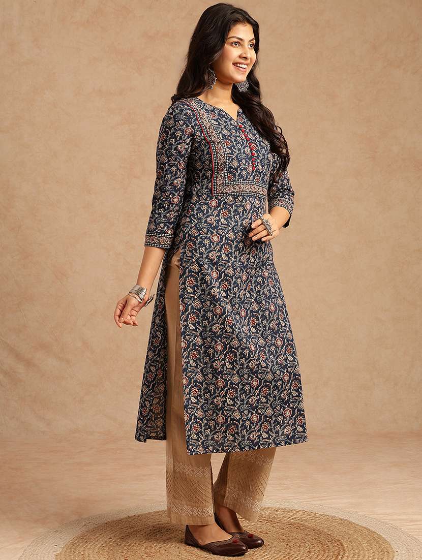 womne floral printed three quarter sleeve straight kurta - 22073284 -  Standard Image - 2