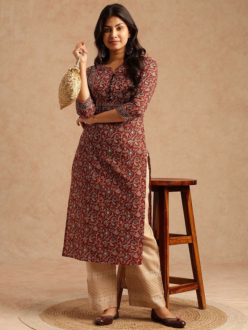 women floral three quarter sleeve straight kurta