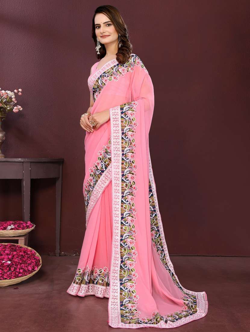 pink georgette embroidered saree with blouse - 22073950 - Standard Image - 2