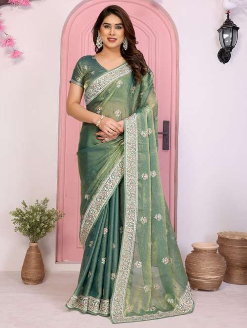 green tissue embroidered saree with blouse - 22073970 - Standard Image - 0