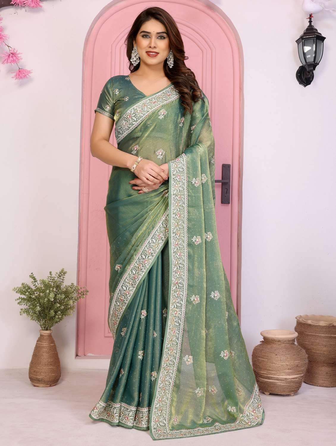 green tissue embroidered saree with blouse - 22073970 - Zoom Image - 0