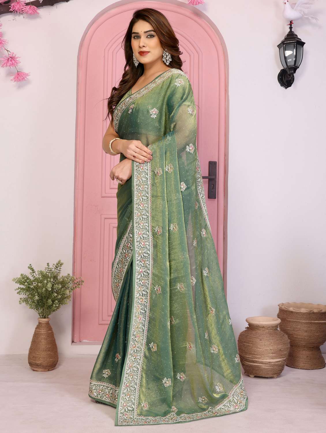 green tissue embroidered saree with blouse - 22073970 - Standard Image - 2