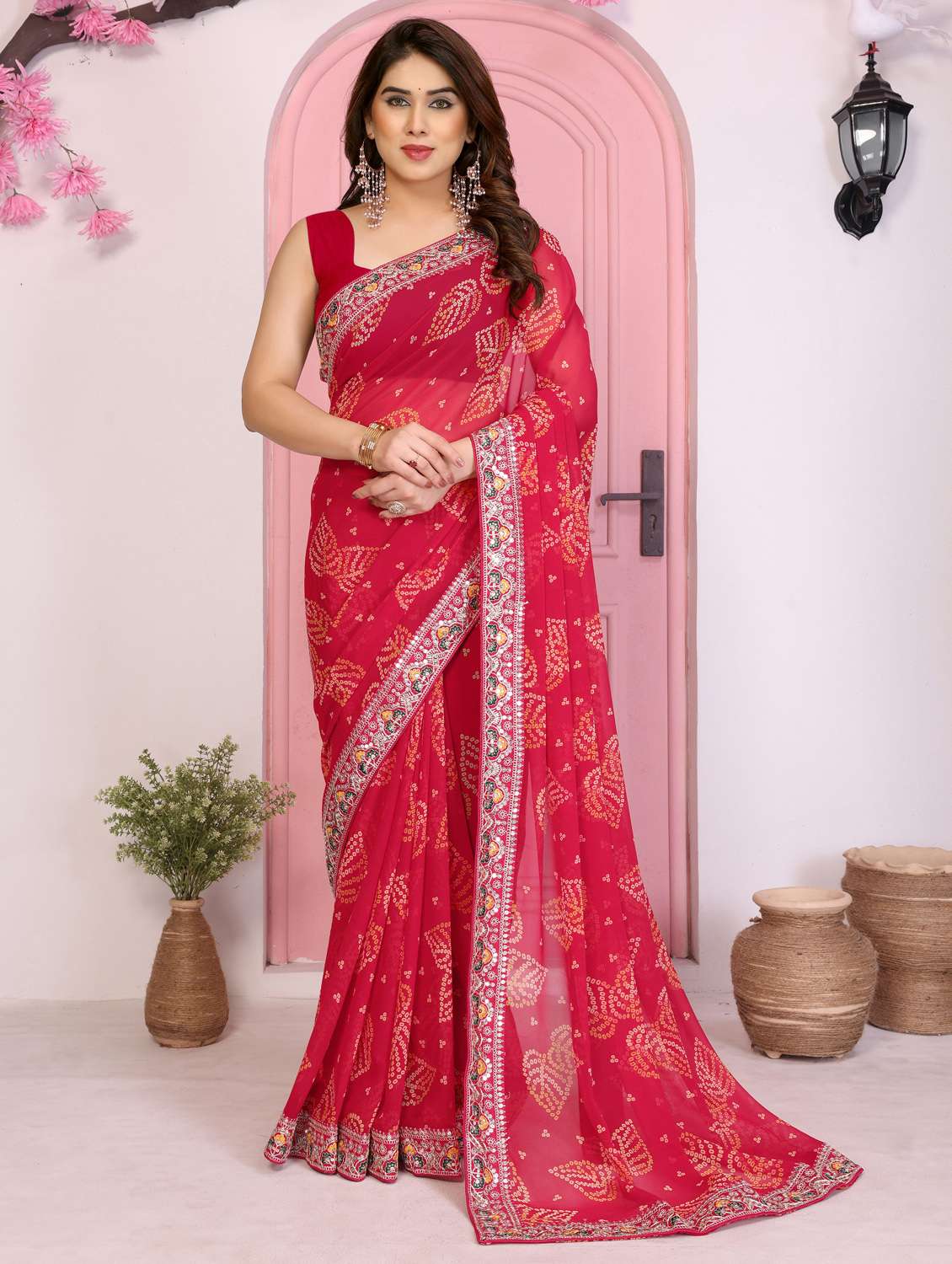 women bandhani printed bordered saree with blouse - 22073975 -  Zoom Image - 0