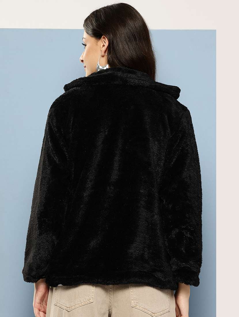 women solid stand collar long sleeve fur jacket - 22074023 - Standard Image - 2