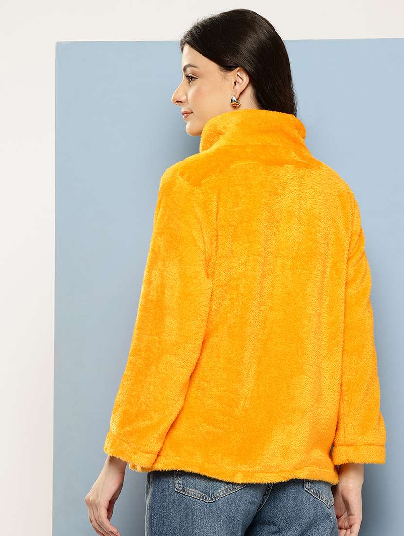 women solid stand collar long sleeve fur jacket - 22074024 -  Standard Image - 2