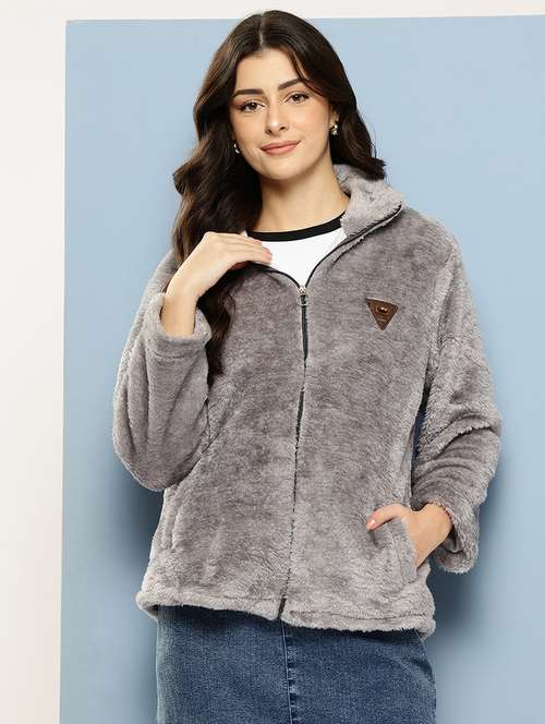 women solid stand collar long sleeve fur jacket - 22074026 - Standard Image - 0