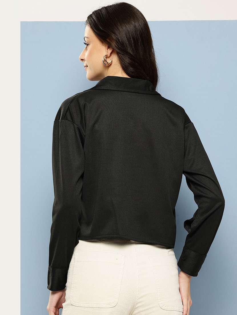 women solid collared long sleeve crop shirt - 22074053 - Standard Image - 2