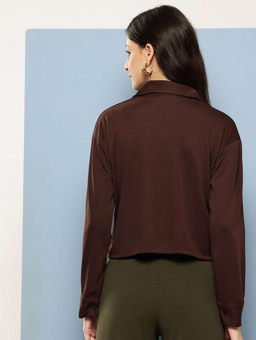 women solid collared long sleeve crop shirt - 22074054 - Standard Image - 2