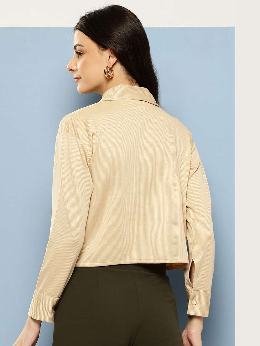 women solid collared long sleeve crop shirt - 22074055 - Standard Image - 2