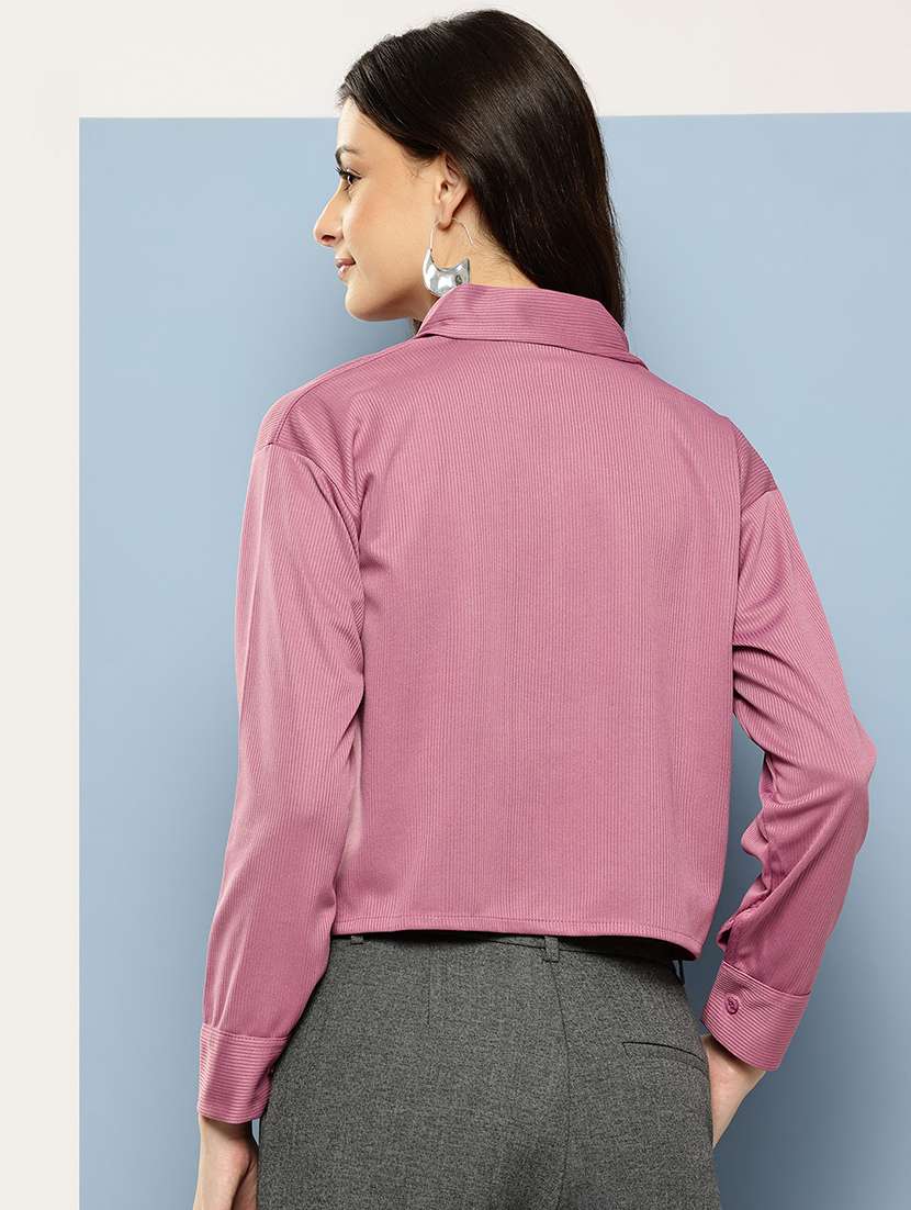 women solid collared long sleeve crop shirt - 22074056 - Standard Image - 2