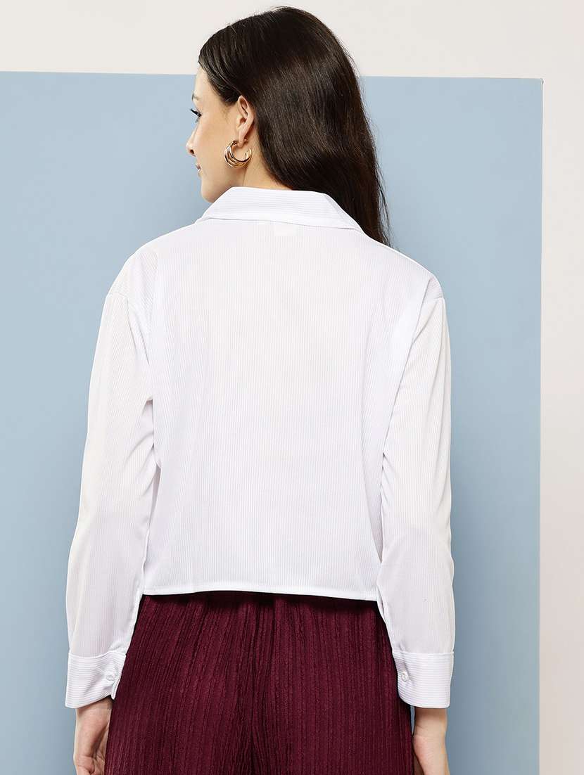 women solid collared long sleeve crop shirt - 22074057 - Standard Image - 2