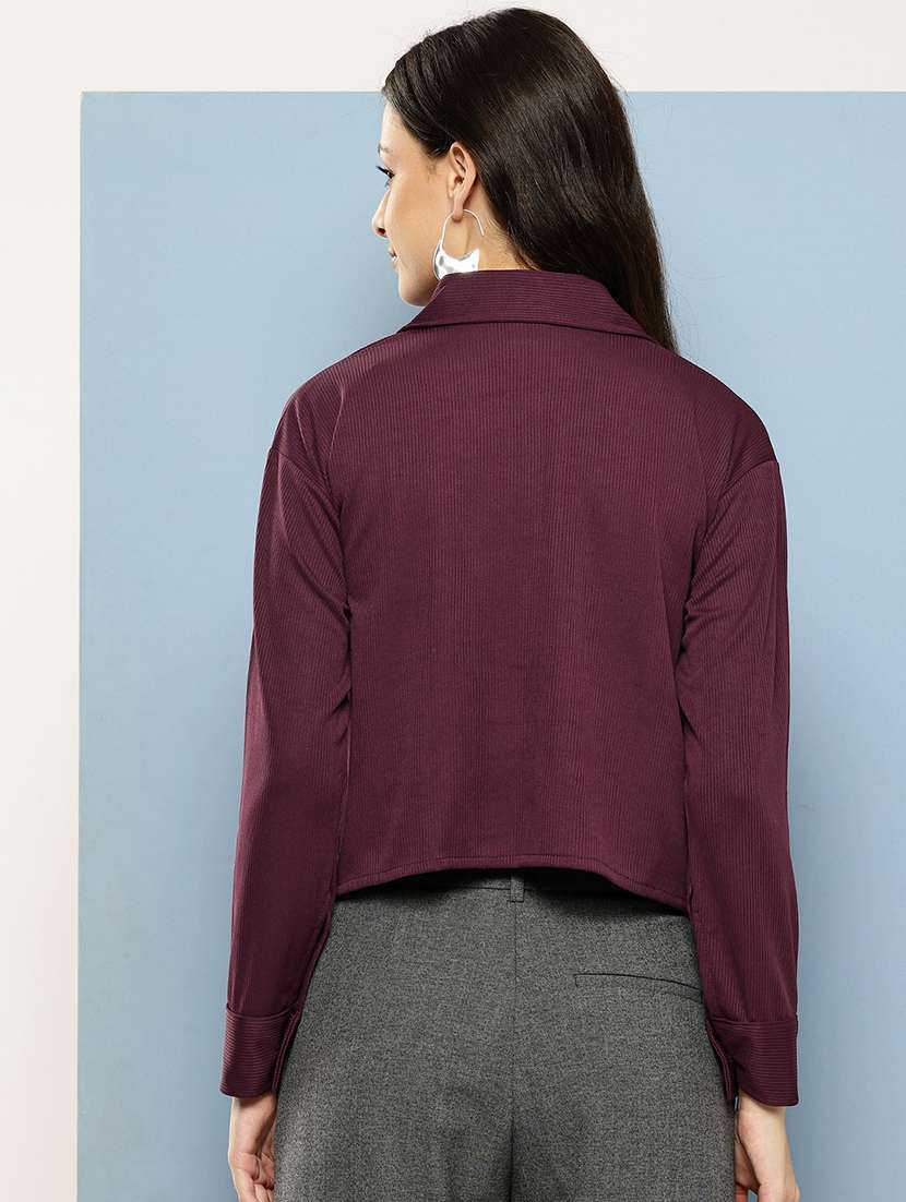 women solid collared long sleeve crop shirt - 22074058 - Standard Image - 2