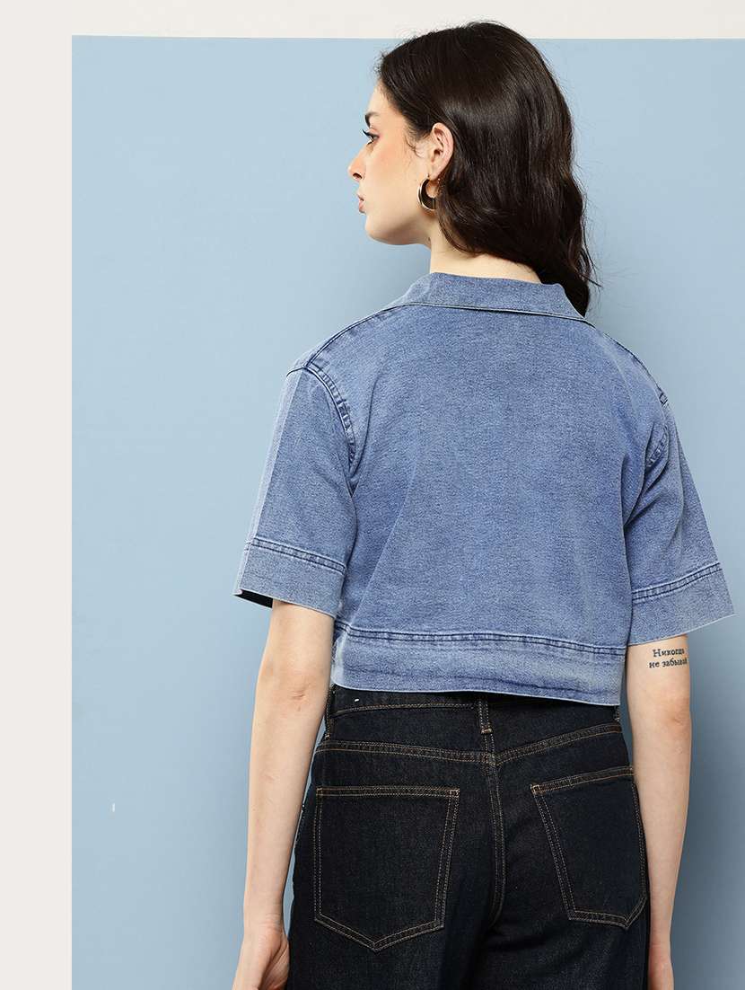 women solid collared denim crop top - 22074099 -  Standard Image - 2