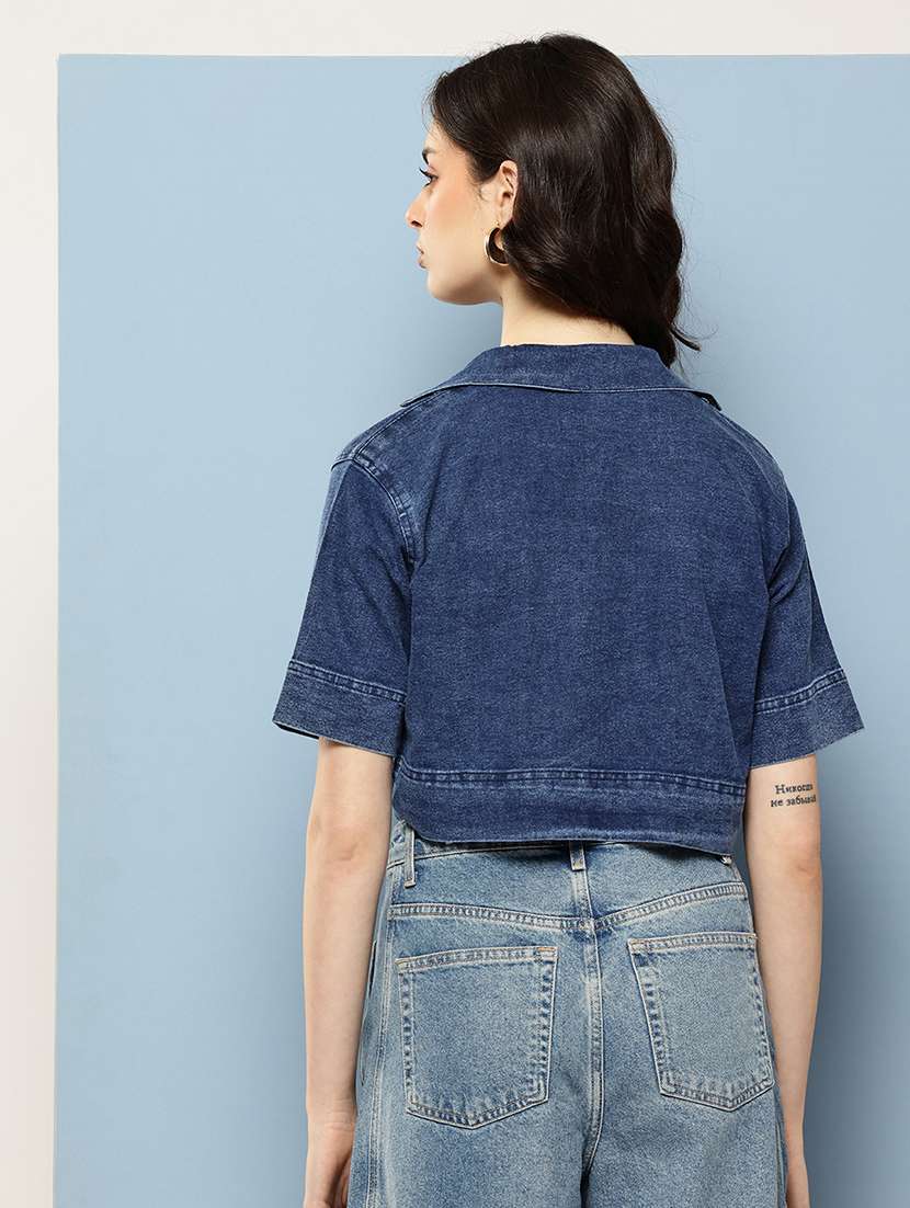 women solid collared denim crop top - 22074100 -  Standard Image - 2