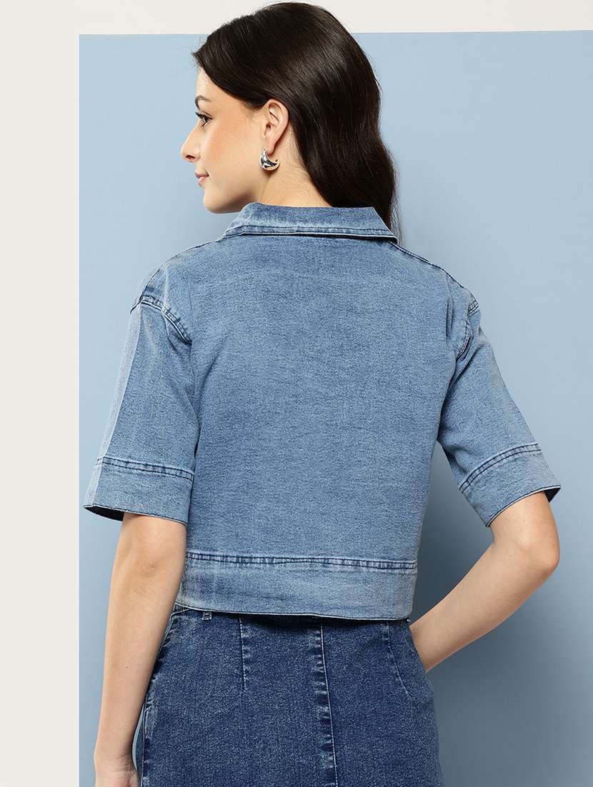 women solid collared denim crop top - 22074101 -  Standard Image - 2