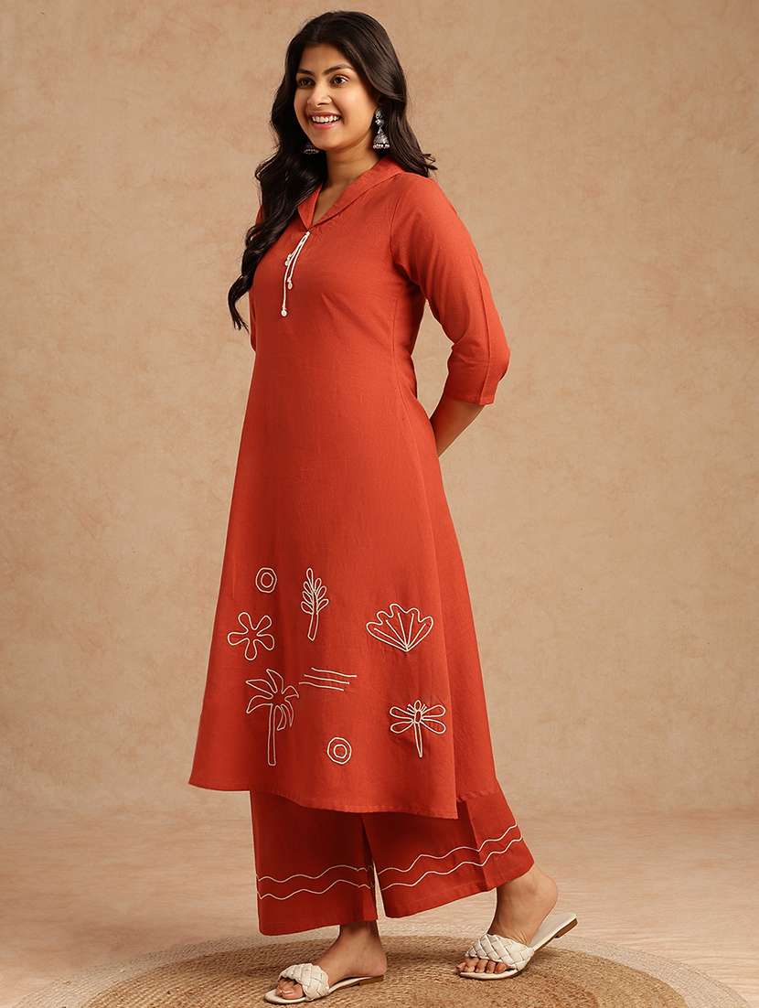 women embroidered three quarter sleeve kurta palazzo set - 22074145 -  Standard Image - 2