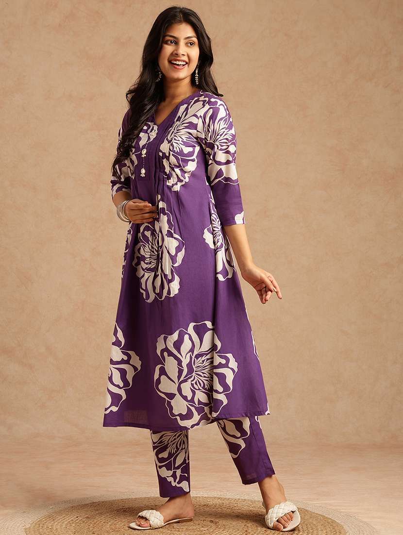 women printed three quarter sleeve kurta pant set - 22074156 -  Standard Image - 2