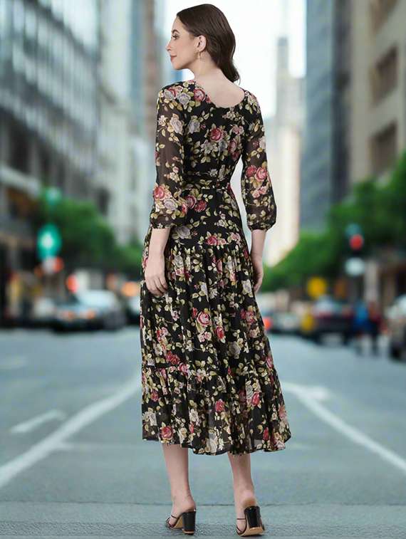 women floral print three quarter sleeve tiered dress - 22074168 - Standard Image - 2