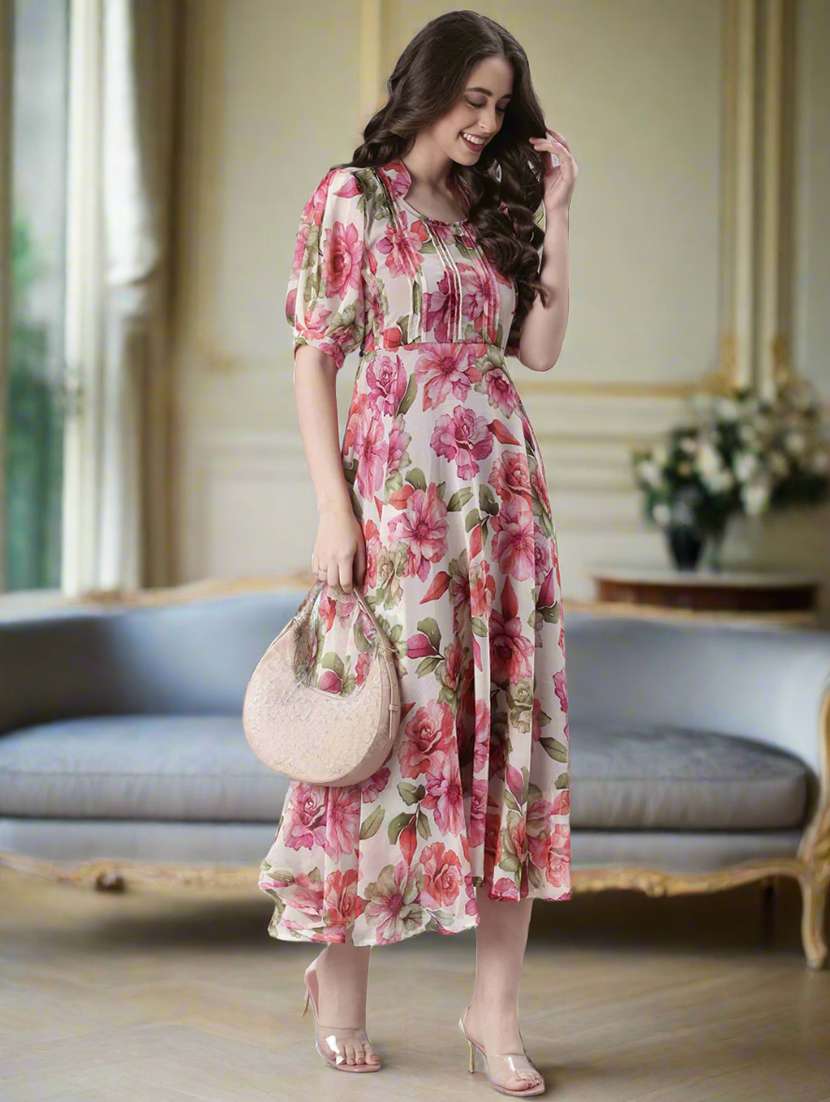 women floral print puff sleeve fit & flare dress - 22074169 - Standard Image - 2