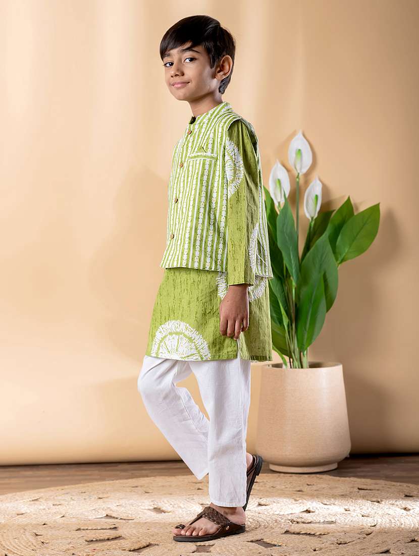 boys printed long sleeve kurta & pyjama set with jacket - 22074234 -  Standard Image - 2